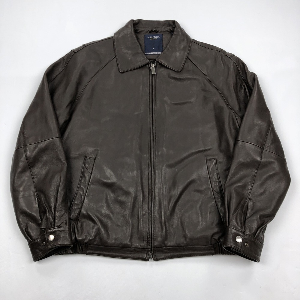 Nautica Men's L Brown Genuine Leather Bomber Jacket Full Zip Quilted Lining